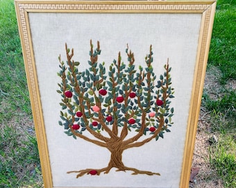 Vintage 1970s Completed Crewel Embroidery Needlework Wall Hanging, Fruit Tree, Large Wall Hanging, 34.5" x 28", Paragon Needlecraft, Framed