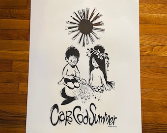 Vintage Cape Cod Summer Poster, Winnie Fitch Artist, Boy and Young Mermaid Print, Cape Cod Summer, Nautical Art Print, Black and White Art