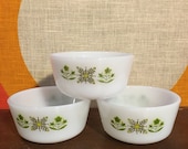 Vintage Anchor Hocking, Fire King, Meadow Green, Custard Cups, 6 oz. Baking Dishes, Set of 3, Milk Glass Custard Cups, Green and Yellow