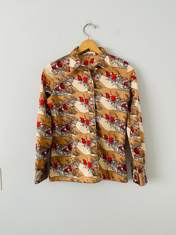 Vintage Women's Trissi Novelty Print Button Up Shirt, Matching 2 Piece T-shirt and Button Down Blouse, 1970s Retro Blouse