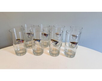 Vintage Fly Fishing Highball Glasses Set Of 8 With Multicolor Fly Designs