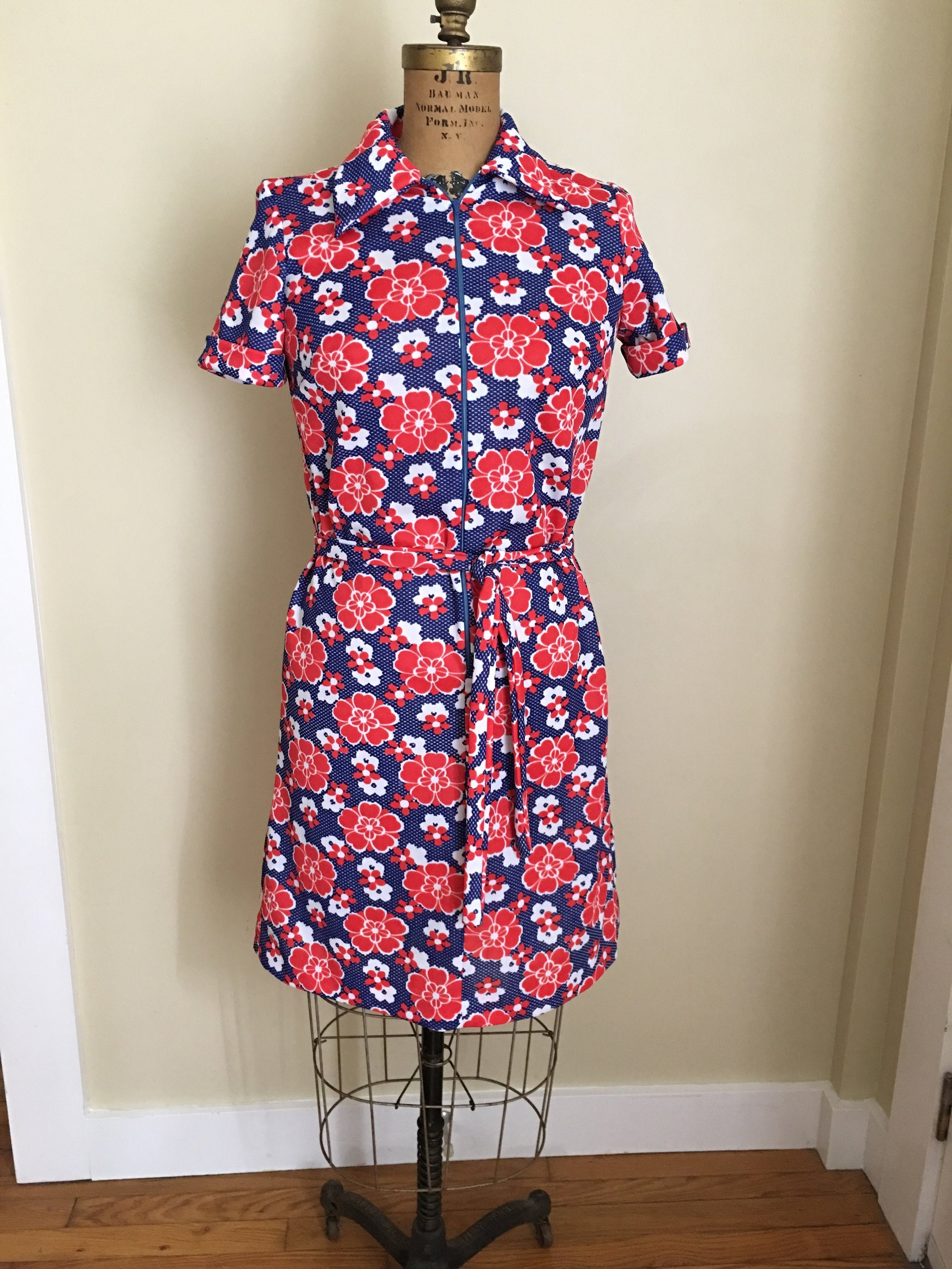 Vintage Floral Dress Red White and Blue ...