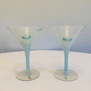 Vintage Blue Frosted Ombre Martini Glasses with Hand Painted Butterfly Details, Set of 2, Stemmed Martini Glasses