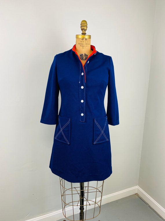 Vintage Navy Blue and Red Dress with Pockets, Bleeker… Gem