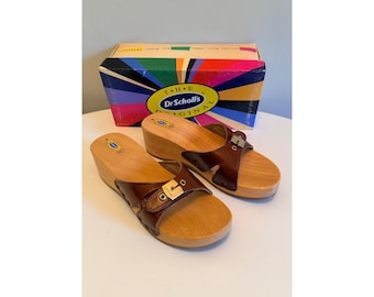 Dr Scholls Women Size 8 M Wood Exercise Clog Sandal Brown Leather Slide Shoe New