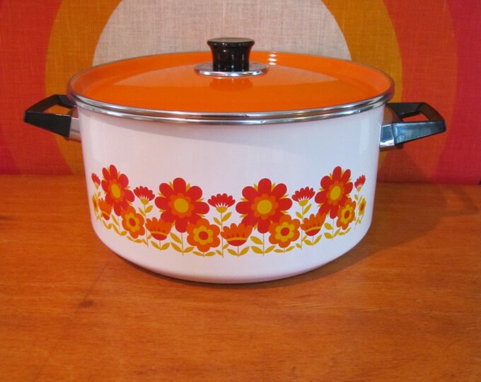 Vintage Enamel Cooking Pot With Lid White With Orange Etsy