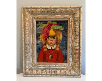 Cuadro vintage de Abruzzi con niña de ojos grandes, enmarcado, estilo moderno de mediados de siglo (MCM), niña desamparada.