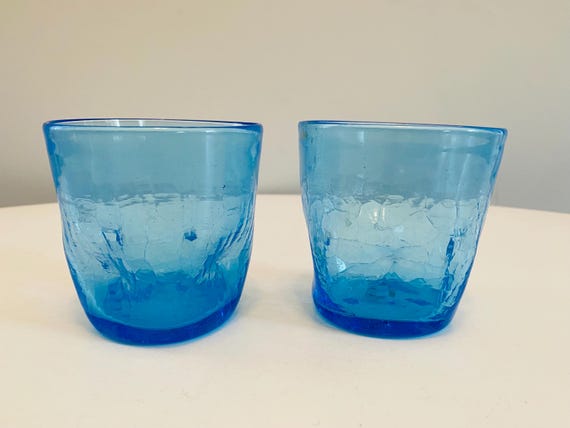 Vintage Blenko Blue Crackle Glass Indent Pinched Glass Tumbler