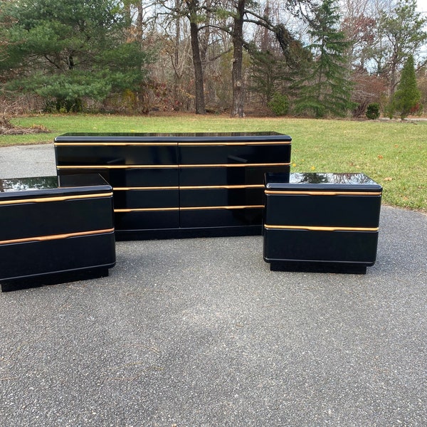 Vintage Lane Black Lacquer Dresser and Pair of Nightstands, Black Lacquered Dresser with Maple Pulls, Contemporary Modern Style Dresser