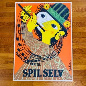 Bjørn Wiinblad Spil Selv, Musik Skal Der Til, 1946 Vintage Poster (Reproduction), Danish Artist, Mid Century Art, 33.5&quot;x24.5&quot;