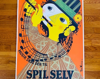 Bjørn Wiinblad Spil Selv, Musik Skal Der Til, 1946 Vintage Poster (Reproduction), Danish Artist, Mid Century Art, 33.5"x24.5"