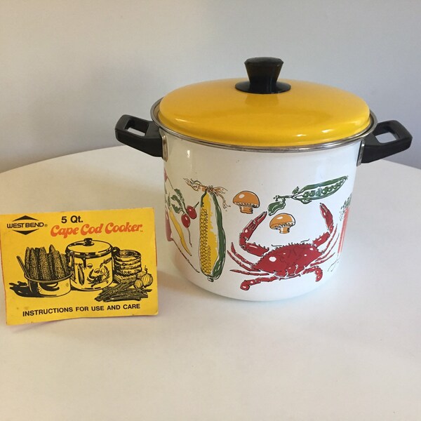 Vintage West Bend 5 Qt Cape Cod Cooker, Porcelain on Steel Steamer and Stockpot, With Instructions, Enamel Stock Pot with Vegetable Design