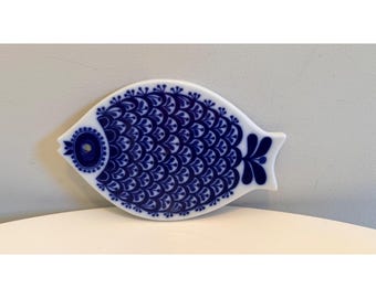 Porcelain Fish-Shaped Trivet By Porsgrund Norway Cobalt Blue & White Design