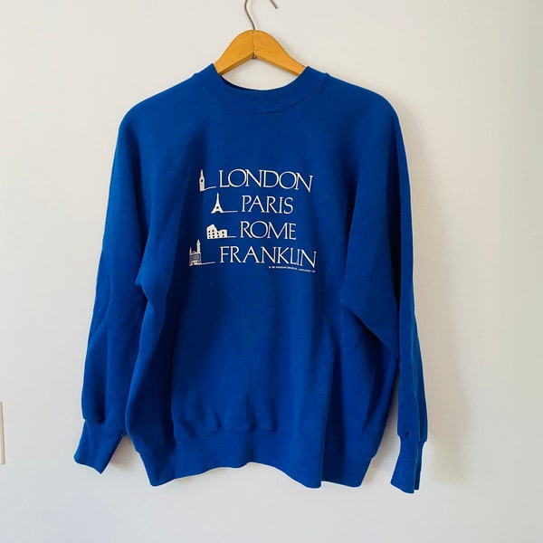 Vintage London, Paris, Rome, Franklin Souvenir Sweatshirt, 1987 Brindar Designs, 80s Crewneck, Blue Sweatshirt, Tourist Pullover, XL