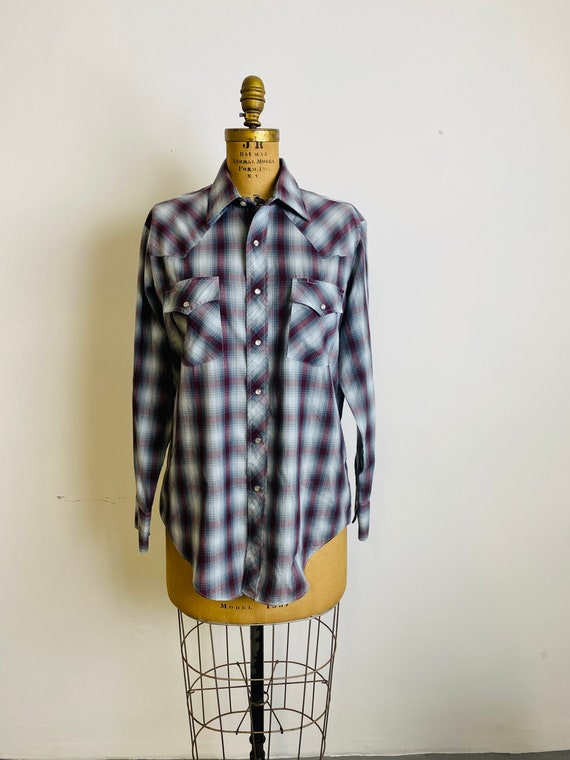 Vintage Plainsman Men's Pearl Snap Shirt, Burgundy and Gray Plaid, Western  Wear Shirt, Collared Shirt, Large, Extra Long Tails -  Canada