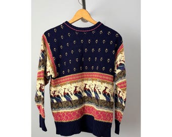 Jersey de punto vintage de The Import Workshop, talla pequeña, azul marino multicolor con estampado de pájaros.