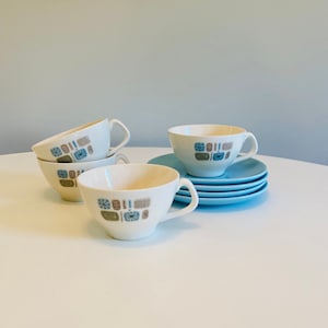 Vintage Temporama Teacups and Saucers, Set of 4, Canonsburg Temporama, Retro Atomic Modern, Mid Century Modern Cups and Saucers