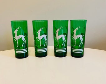 Vintage Anchor Hocking Gazelle Tumblers, Iced Tea Glasses, Emerald Green and White Mid Century Modern Gazelle Tumblers, Mid Century Barware