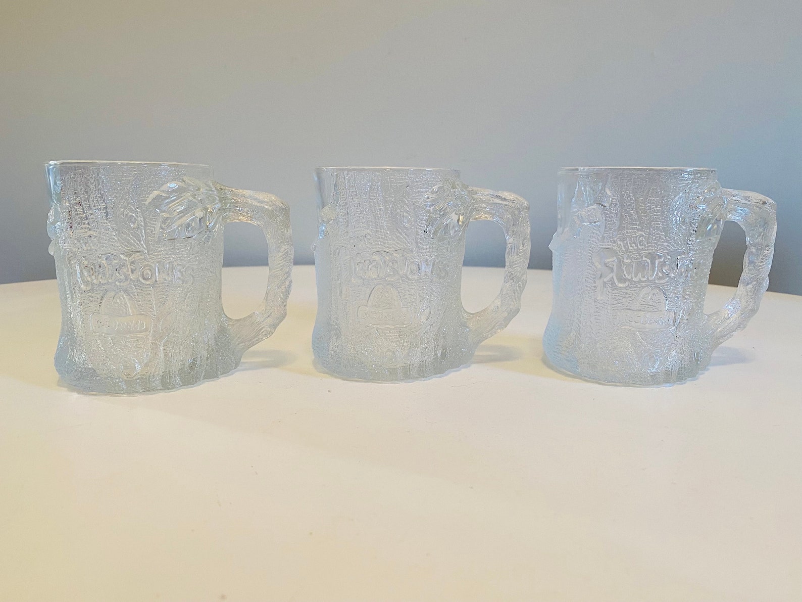 Vintage Flintstones RocDonalds McDonalds Collectible Clear Glass Mugs, Set of 3, Tree Mendous Mugs, 1993, Made in France, 90s Cartoon Mug