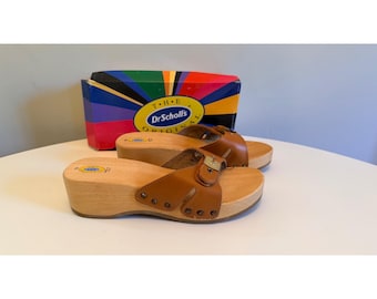 Dr Scholls Women Size 10 M Wood Exercise Clog Sandal Tan Leather Slide Shoe New