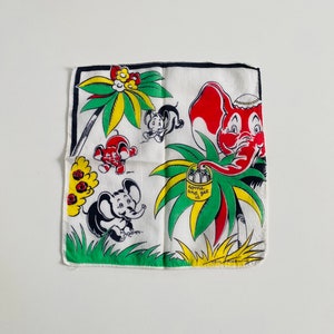 Vintage Tom Lamb Child&#39;s Handkerchief with Elephants, 1940s Childs Hankie, Mother and Baby Elephants, Come and Get It, Novelty Print Hankie