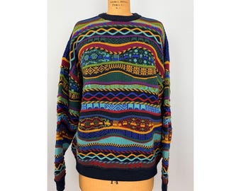 Vintage 90s Geccu Australia 3D Knit Merino Wool Sweater XL Coogi Style Colorful