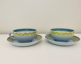 Arabia Finland Crownband Cup and Saucer, Set of 2 Cups & 2 Saucers, Designed by Olga Osol, Arabia Teacup, Made in Finland, Crown Band Teacup