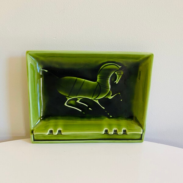 Vintage Florence Ceramics Ashtray, Made in California, Green Ashtray with Horse, Mid Century Modern Trinket Dish, Mid Century Horse Ashtray