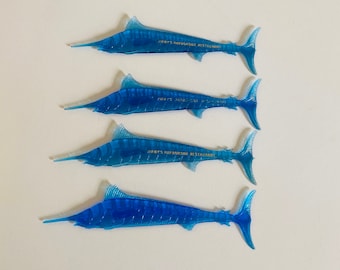 Vintage Blue Marlin Swizzle Sticks, Jimmy's Harbor Side Restaurant, Plastic Swordfish Drink Stirrers, Set of 4, Kitchy Cocktail Bar