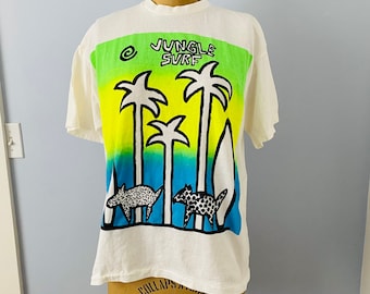 T-shirt vintage Jungle Surf, t-shirt de surfeur des années 1980/1990, t-shirt couleur néon des années 90, vêtements d'eau Daffy, chemise de surfeur néon, vêtements de plage, point simple