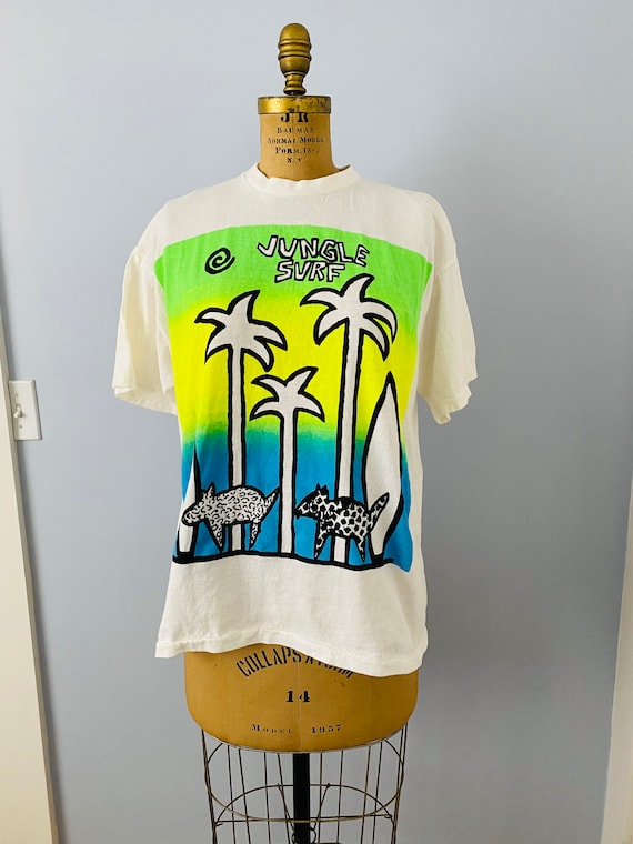 Vintage Jungle Surf T-shirt, 1980s / 1990s Surfer Tee, Neon Color