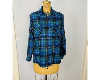 Size M 70s Pendleton Wool Board Shirt Loop Collar Flap Pocket Blue