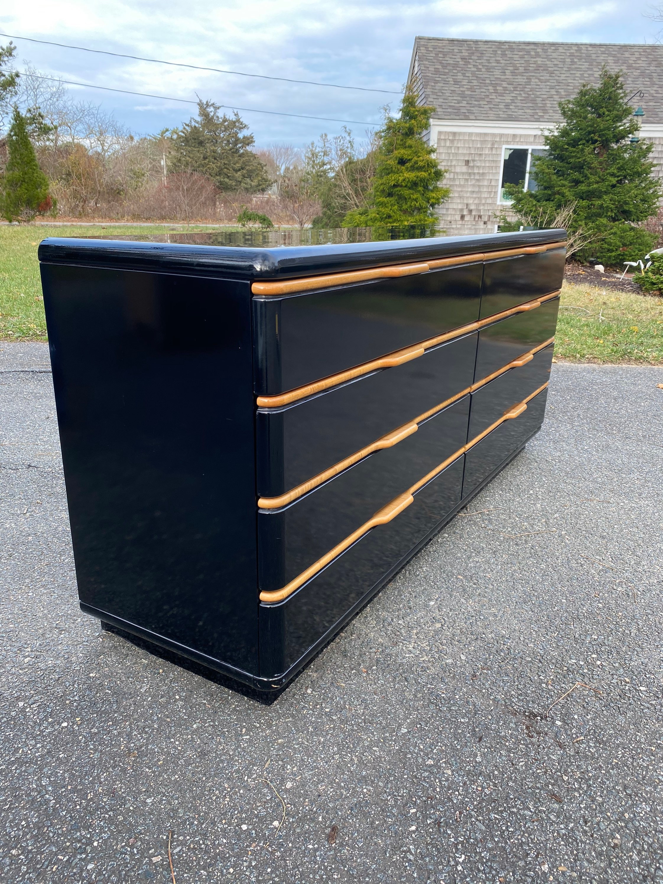 black laquer dresser Vintage Lane Black Lacquer Dresser and Pair of Nightstands, Black Lacquered Dresser With Maple Pulls, Contemporary Modern Style Dresser