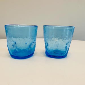 Vintage Blenko Blue Crackle Glass Indent Pinched Glass Tumbler, Set of 2, Blue Art Glass Tumblers, Blenko Glasses, Mid Century Art Glass