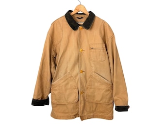 Chaqueta de trabajo de algodón color canela para hombre de L.L. Bean, talla L, cuello de pana y forro a cuadros.