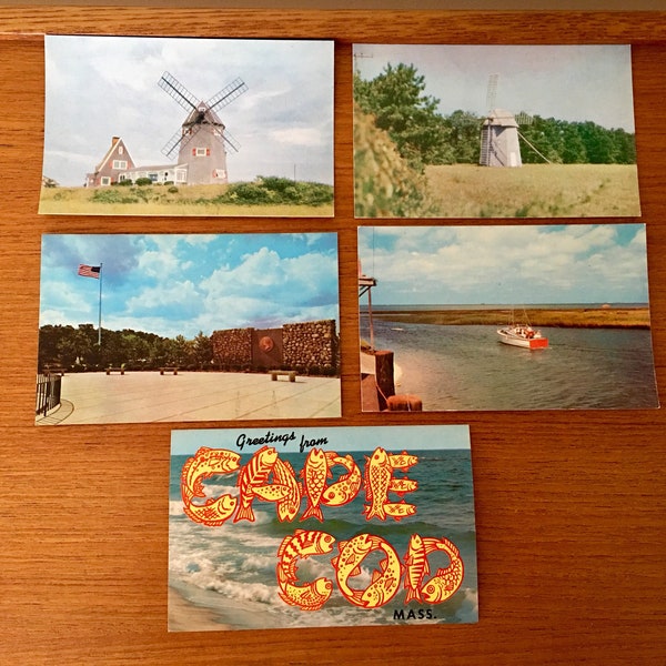 Vintage Cape Cod Postcards, Set of 5, 1960s  Cape Cod Souvenir Postcard, Travel Souvenir, John F. Kennedy, Greetings From Cape Cod, Windmill