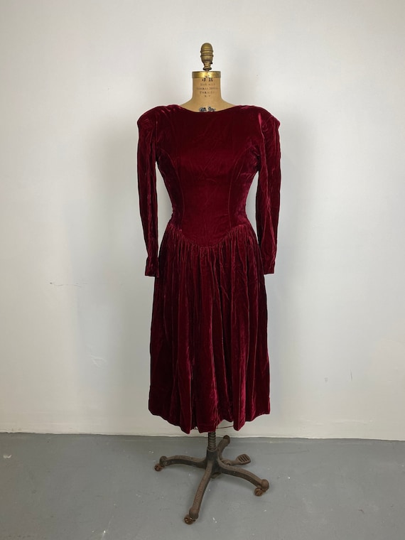 Vintage 1980s Red Velvet Party Dress, Long Sleeve 