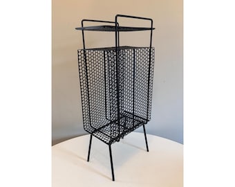 Vintage Black Metal Telephone Stand, Mid Century Punched Metal Plant Stand