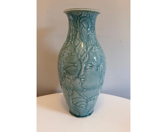 Vintage Scargo Pottery Large Vase Mary Holl / Harry Holl Celadon Glaze Fantasy