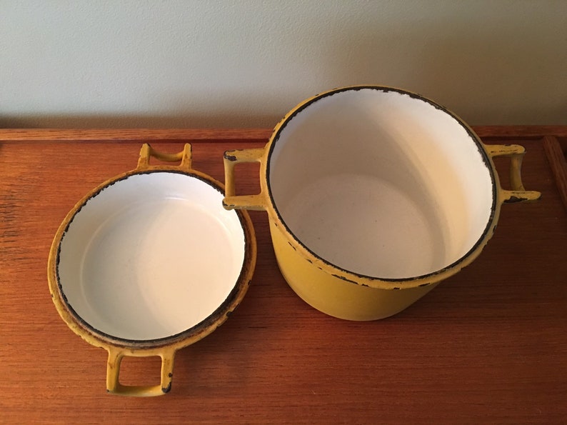 Yellow Enamel Pan with Lid Mid Century Enamelware Cooking Pot Dansk Designs Jens Quistgaard Dansk Orecast Yellow Dutch Oven