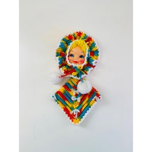 Vintage Hand Crocheted Doll Face Potholder, 1970s Kitschy Potholder Wall Hanging Mid Century Kitchen Decor