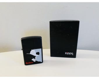 Vintage Marlboro Man Silhouette Zippo Lighter Black Matte Unfired Original Box