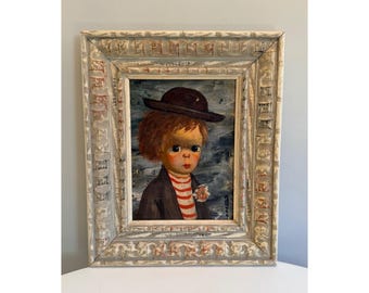 Cuadro vintage de Abruzzi con un niño triste de ojos grandes, enmarcado, estilo moderno de mediados de siglo (MCM).