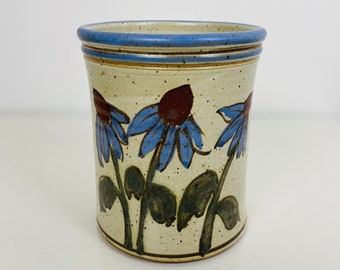 Vintage Bob Anderson Pella Iowa Studio Pottery Vase / Utensil Holder / Glazed Ceramic Vase with Echinacea Flower Design, Signed, 1994