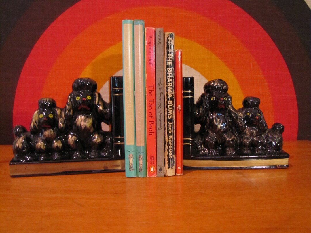 Vintage Poodle Bookends, Mid Century Bookend Set, Black Poodles, Mid