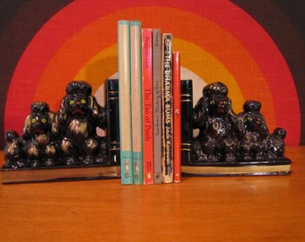 Vintage Poodle Bookends, Mid Century Bookend Set, Black Poodles, Mid Century Kitsch, Kitschy Bookends, Black Dog Decor