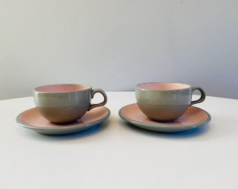 Vintage Harkerware Tea Cup and Saucer Set x 2, Shell Pink Harkerware Stoneware, Mid Century Dinnerware, Stone China, Pink and Gray Speckled
