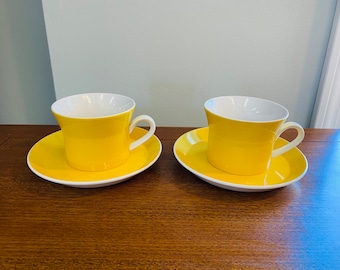 Vintage Mikasa Duplex, Ben Seibel, Teacups and Saucers, Set of 2, Made in Japan, Yellow & White Cups and Saucers, Mid Century Dinnerware