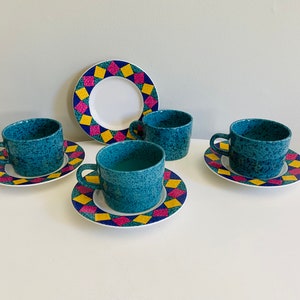 Vintage Signature Housewares Stoneware Cups and Saucers, 1980s Pattern Cups, 80s Style, Speckled Cups, Harlequin Pattern, Made in Japan