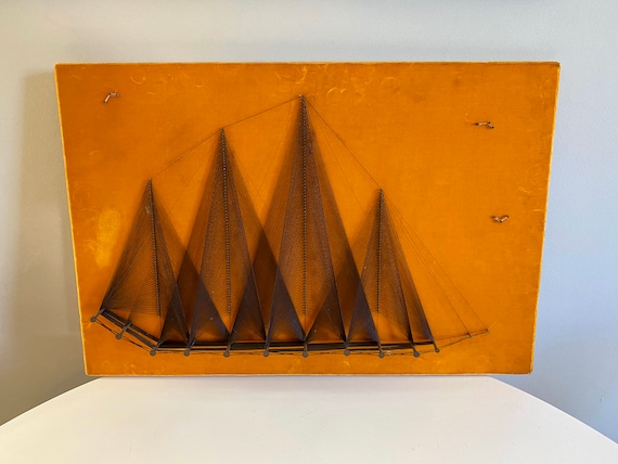 Vintage String Art Boat Artwork, Nail and String Art Boat, String Picture 3-D Artwork, Mid Century Modern Nautical Art, Ship Artwork
